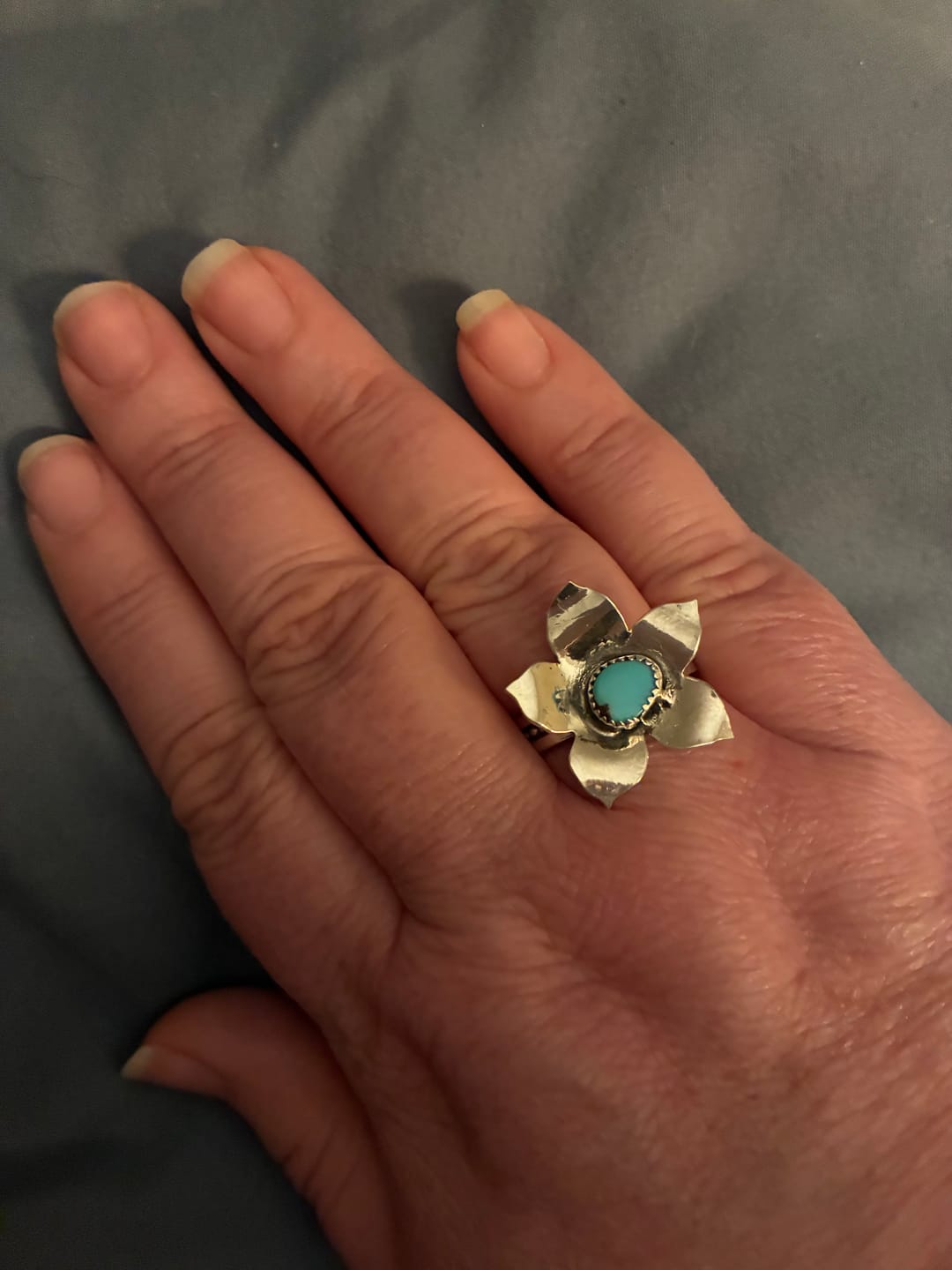 Customer photo review of Custom Handmade Sterling Silver Sampaguita Flower Ring | Turquoise Filipino Heritage Statement Ring | Made to Order