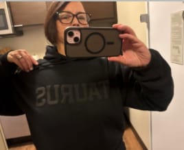 Customer photo review of Black Zodiac Puff Print Crewneck
