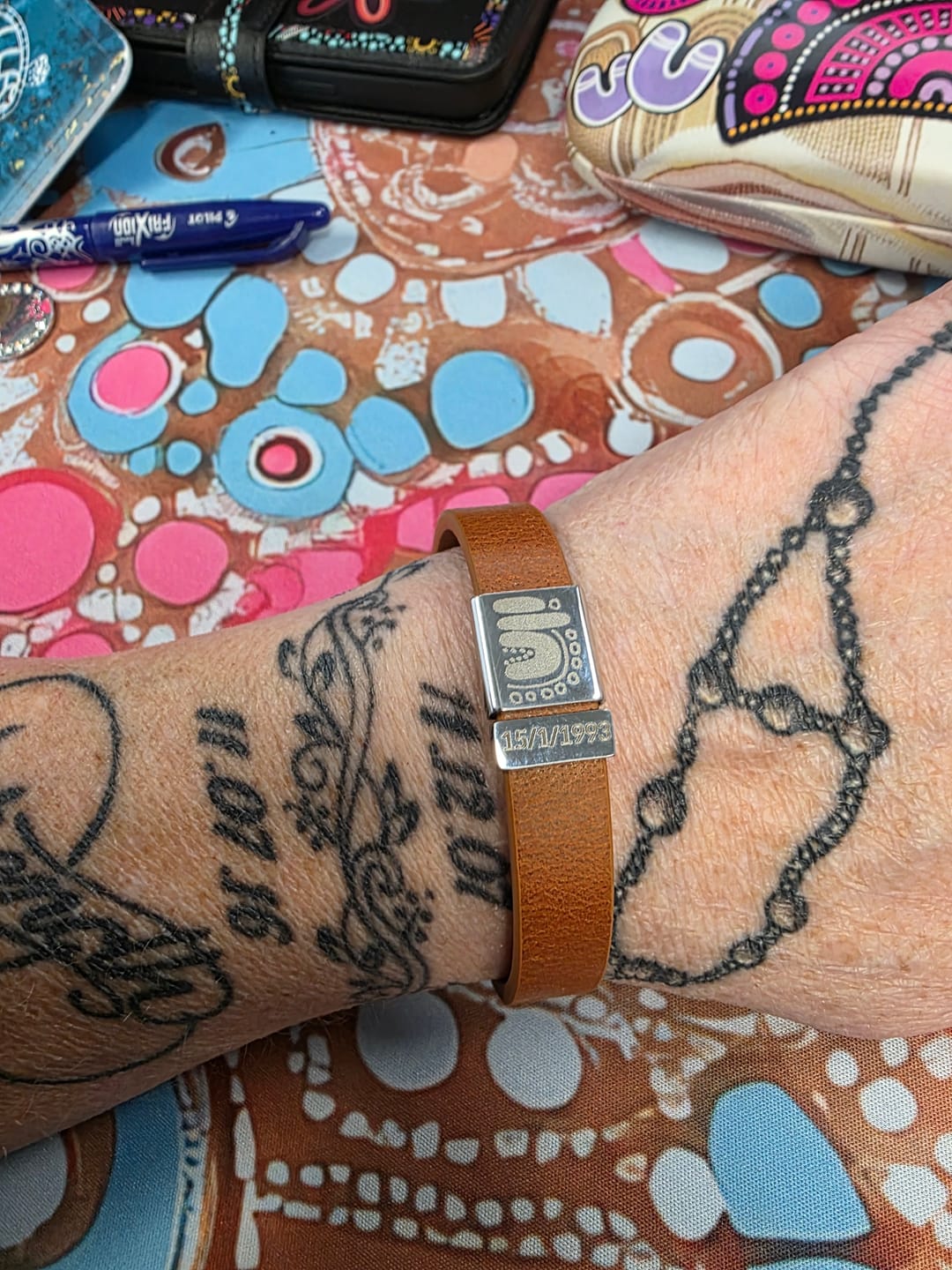 Customer photo review of The Story Bracelet — Personalised Aboriginal Art Leather Bracelet