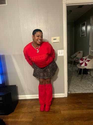 Customer photo review of Red Zodiac Puff Print Crewneck