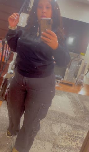 Customer photo review of Black Zodiac Puff Print Crewneck