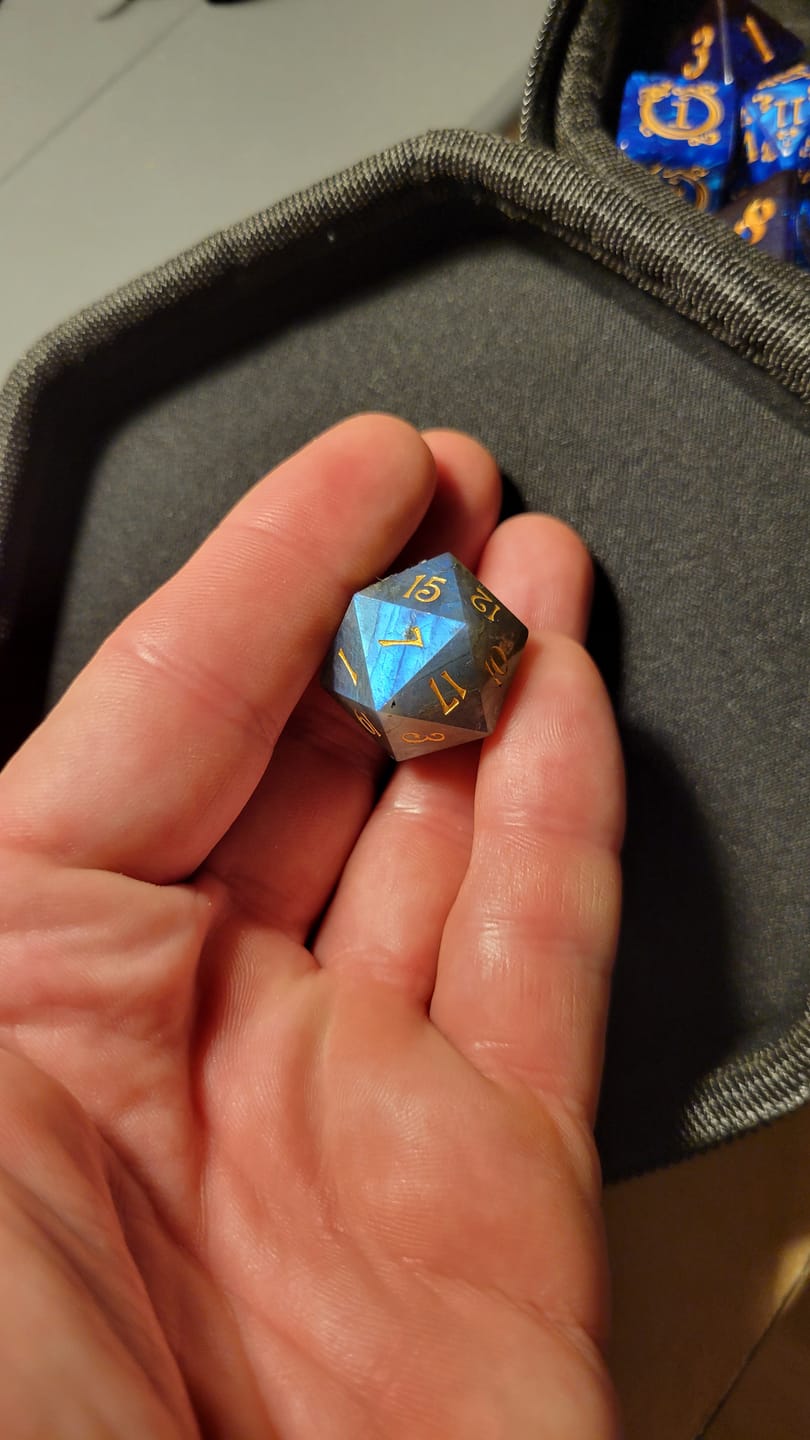 Customer photo review of URWizards D&D Engraved labradorite D20 Dice