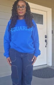 Customer photo review of Royal Blue Zodiac Puff Print Crewneck