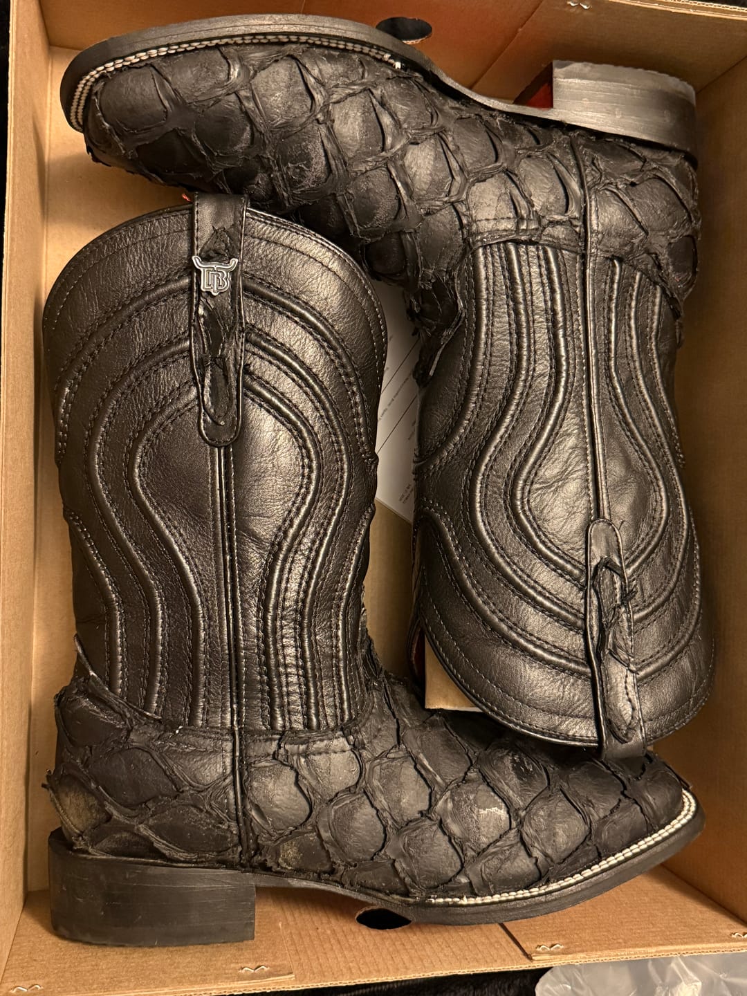 Customer photo review of Matte Black Jumbo Pirarucu Leather Boots - Square Toe