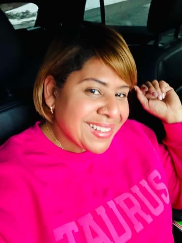 Customer photo review of Pink Zodiac Puff Print Crewneck