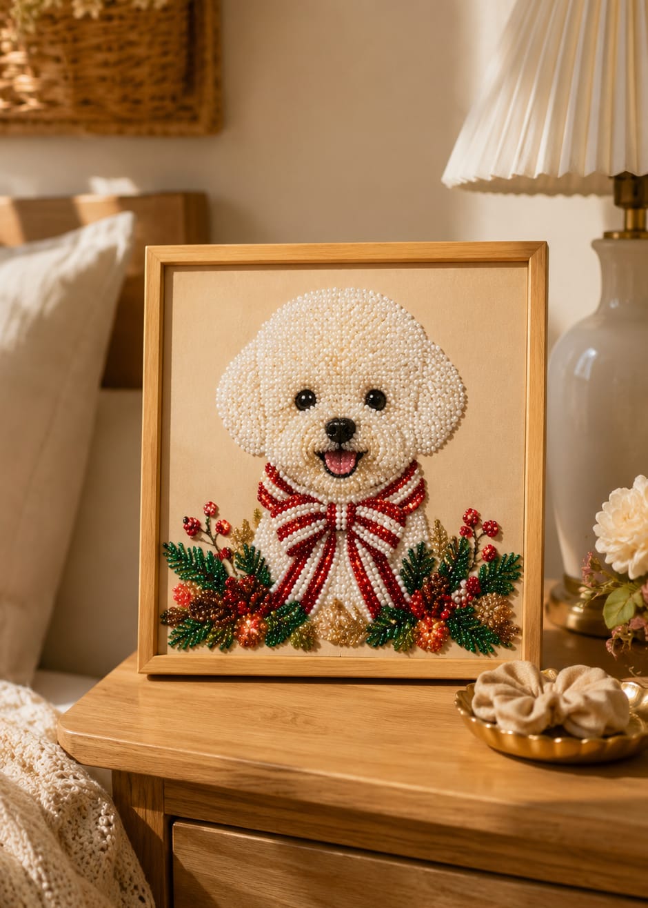 Customer photo review of Personalized Pet 3D Pearl Art DIY Kit – Custom Photo Candy Cane Bow Portrait for Christmas Home Decor & Pet Lover Gifts