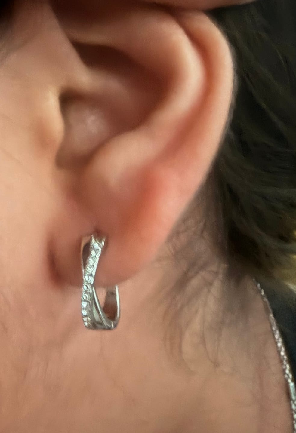 Customer photo review of Amaya 18k White Gold Plated 16mm Twisted Hoop Earrings with Swarovski Crystals