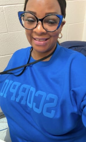 Customer photo review of Royal Blue Zodiac Puff Print Crewneck
