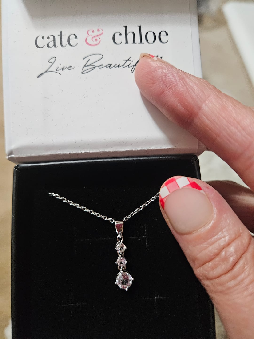 Customer photo review of Delilah 18k White Gold Plated Drop Pendant Necklace with Swarovski Crystals