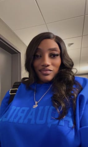 Customer photo review of Royal Blue Zodiac Puff Print Crewneck