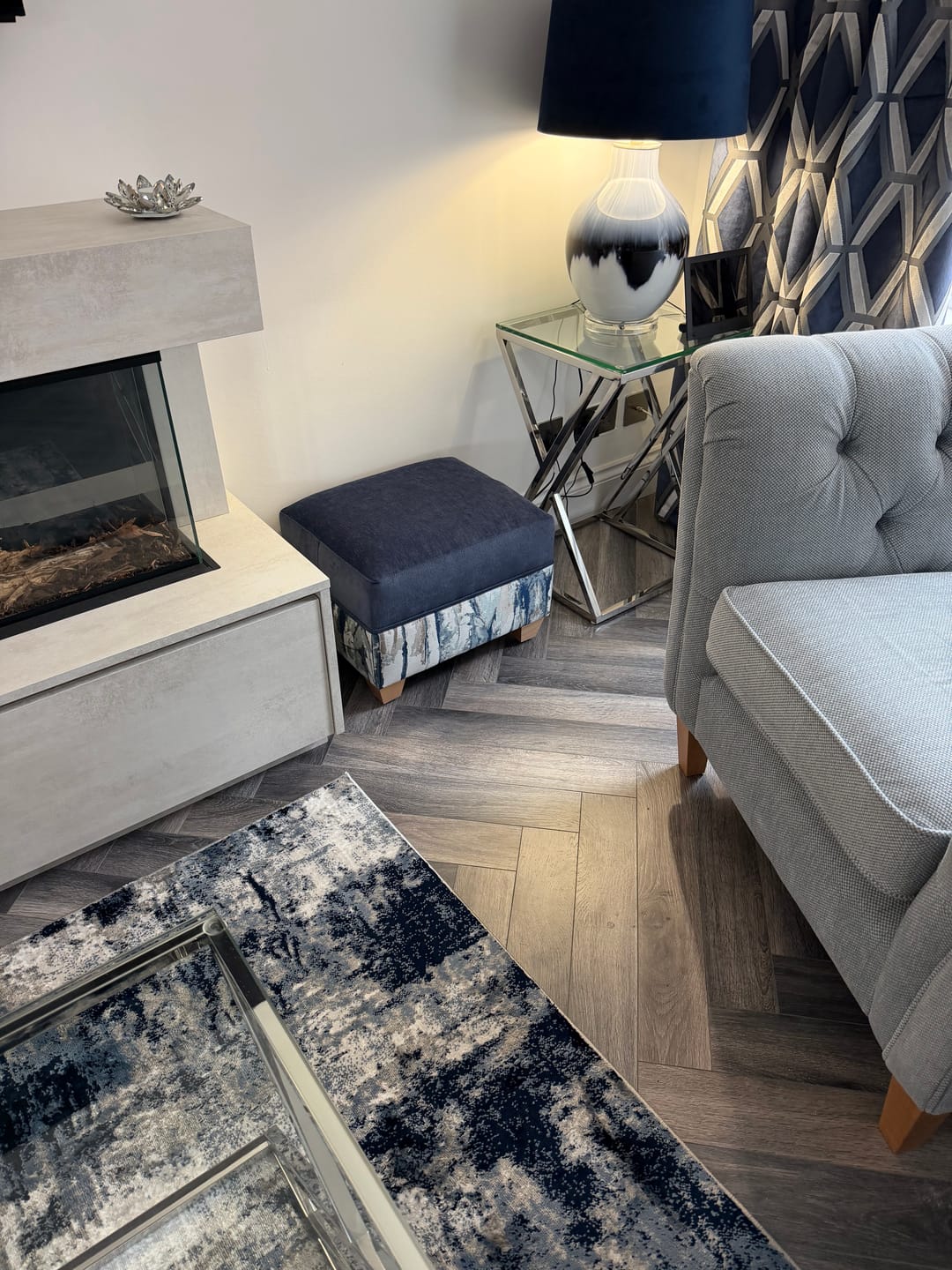 Customer photo review of Oxford footstool in Takara Indigo