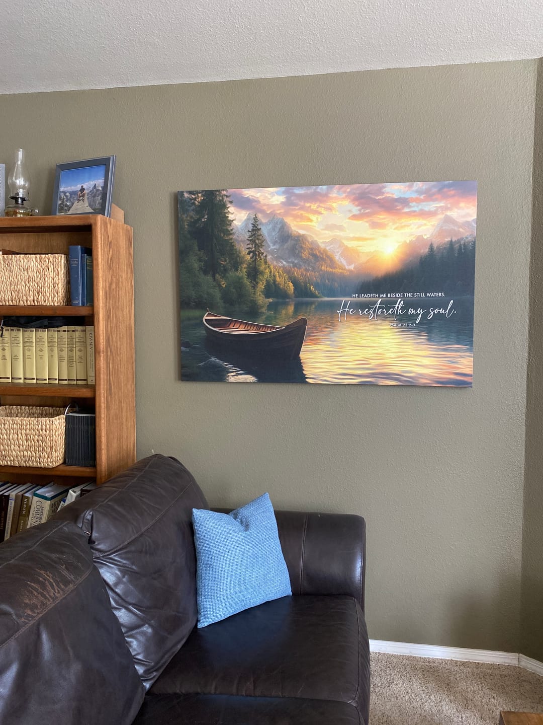 Customer photo review of He Leadeth Me Beside The Still Waters Psalm 23:2-3 Bible Verse Wall Art Canvas