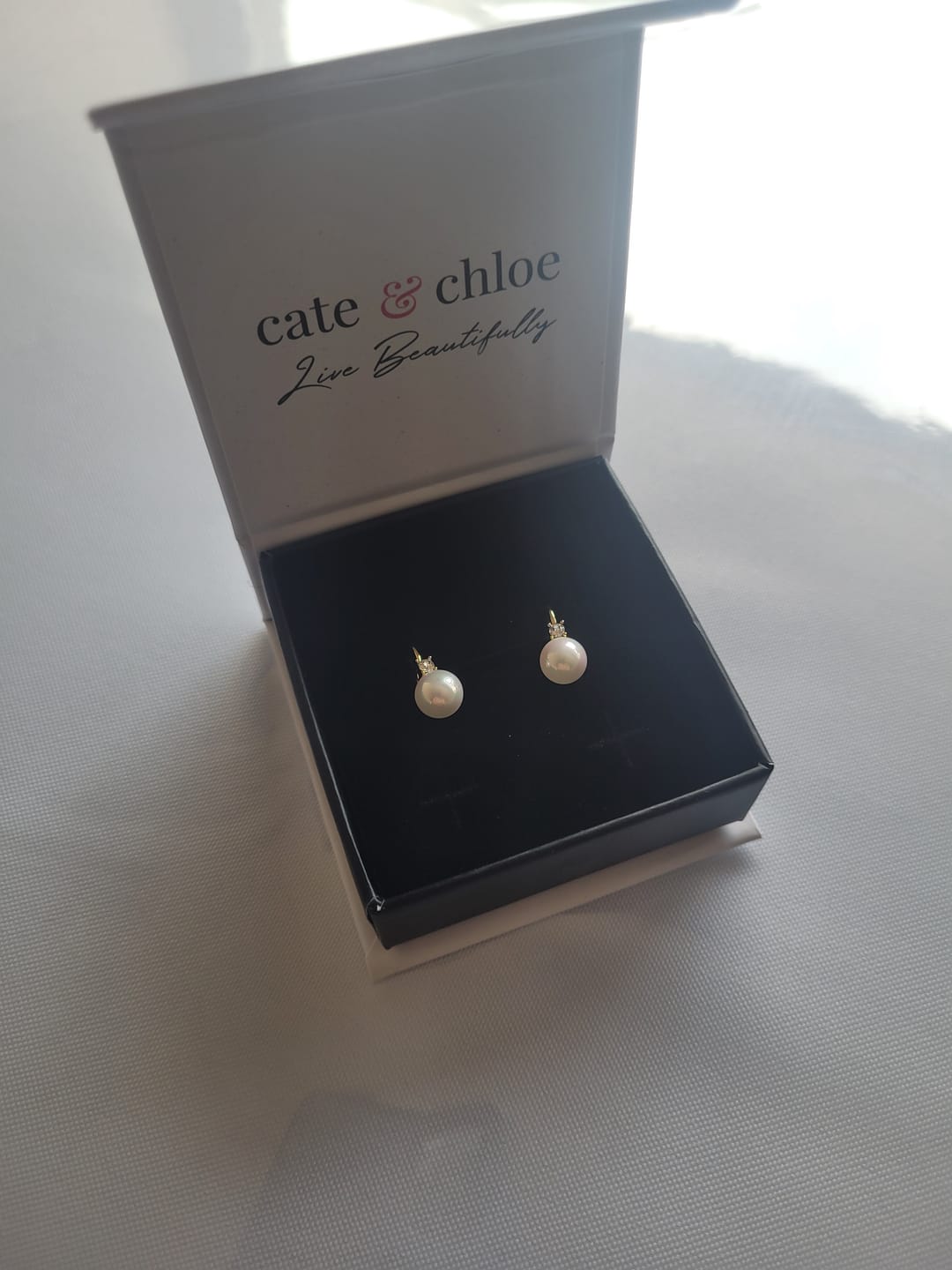 Customer photo review of Cassie 18k White Gold Plated Pearl Drop Earrings with Swarovski Crystals
