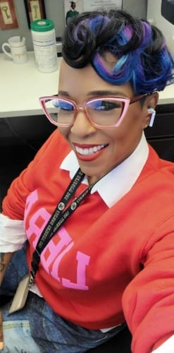 Customer photo review of Red/Pink Combo Zodiac Puff Print Crewneck