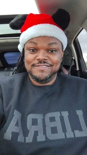 Customer photo review of Black Zodiac Puff Print Crewneck