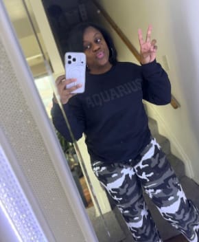 Customer photo review of Black Zodiac Puff Print Crewneck