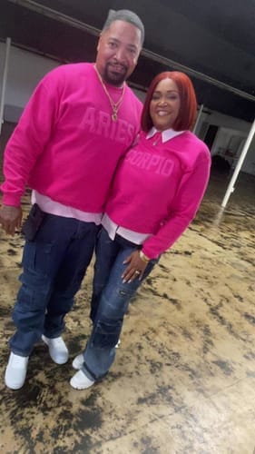 Customer photo review of Pink Zodiac Puff Print Crewneck