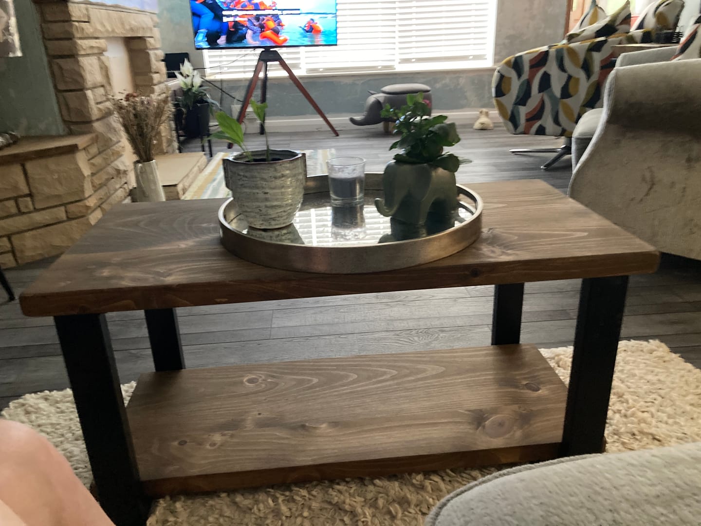 Customer photo review of Rustic Wooden Coffee Table with Shelf
