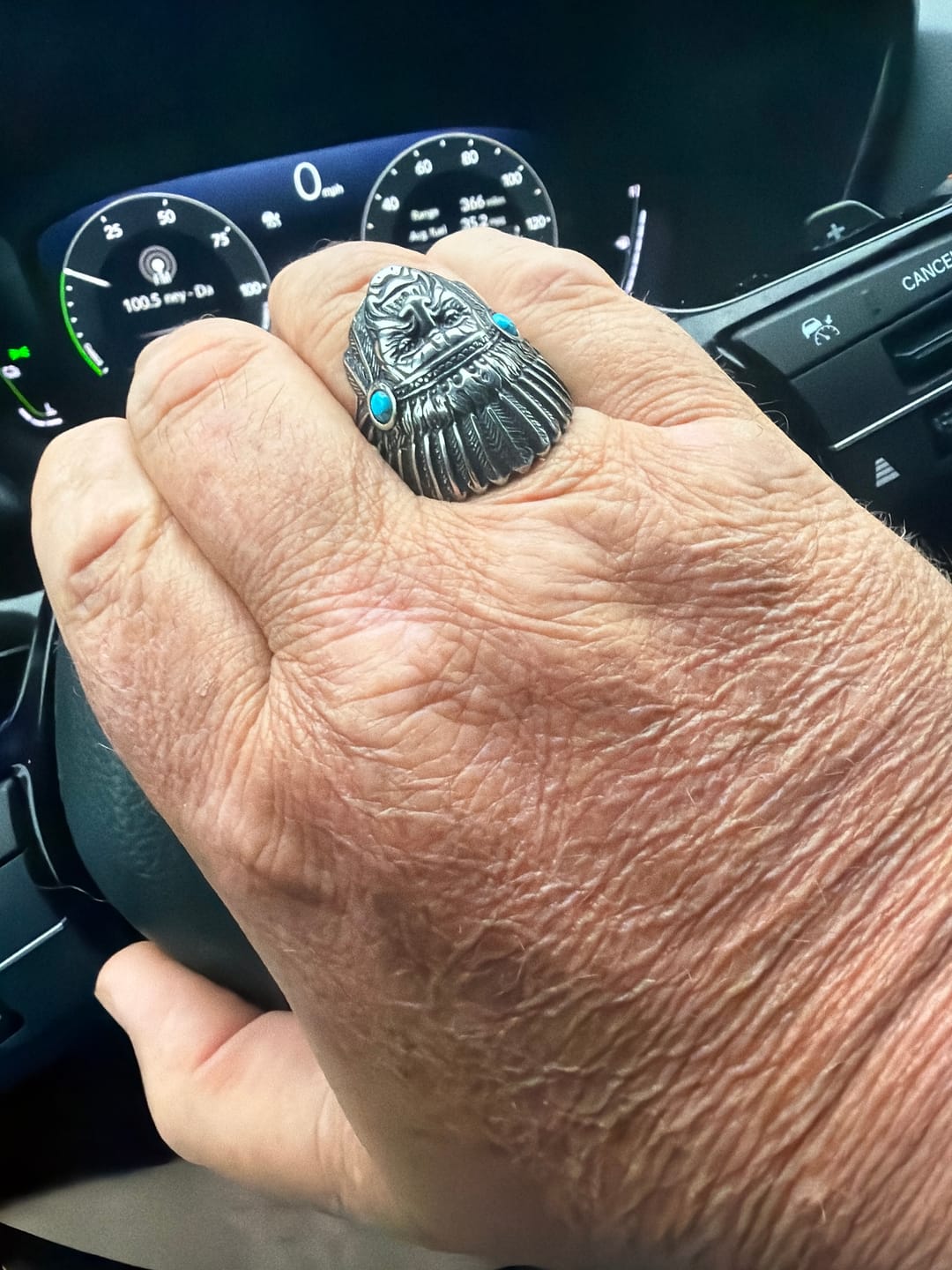 Customer photo review of 3D Embossed Native American Chief Turquoise Ring, S925 Silver Antiqued Western Vintage Wide Band For Men