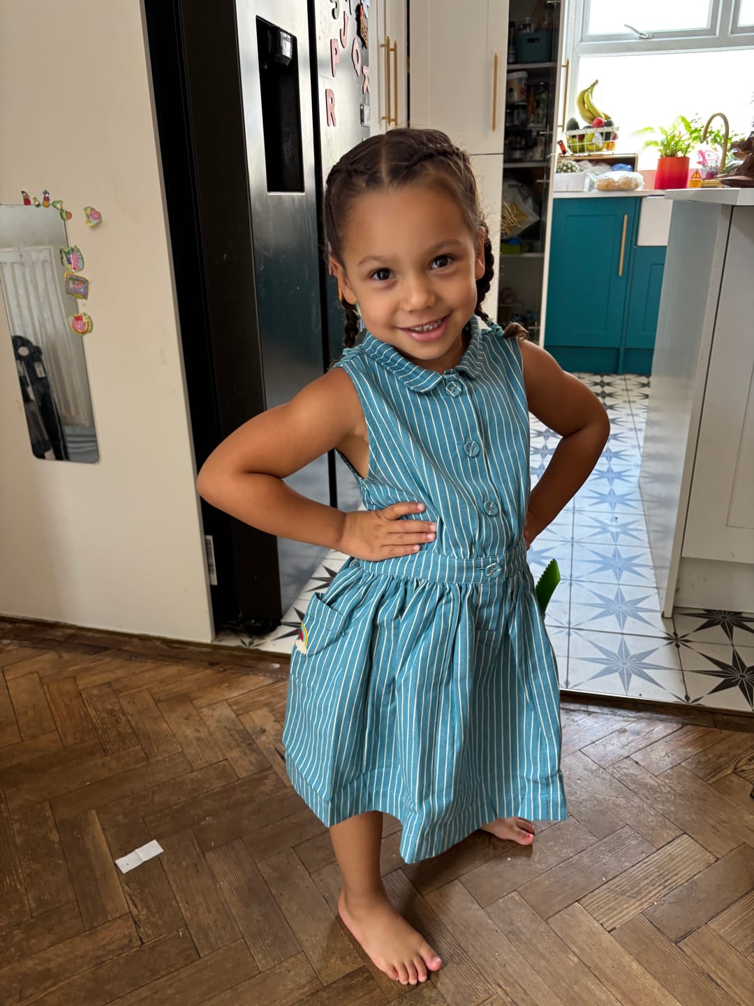 Customer photo review of Horizon Blue Striped Pinafore Button Dress