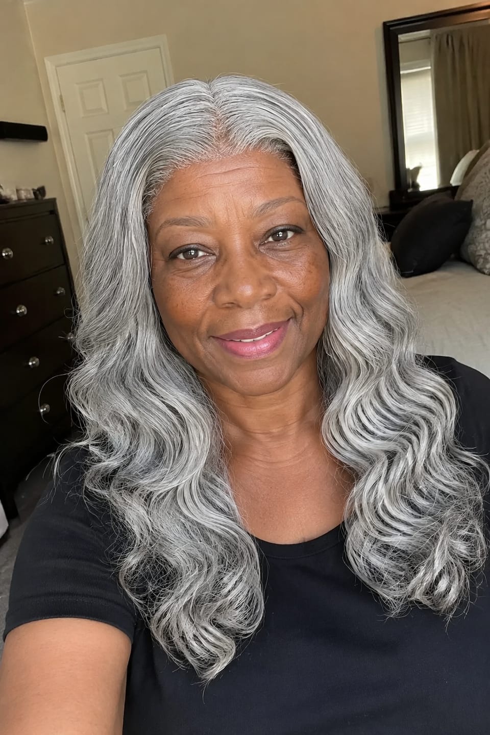 Customer photo review of Luvwin 13x4 Salt And Pepper Wavy Glueless Gray Color Pre-Cut Lace Wig Human Hair