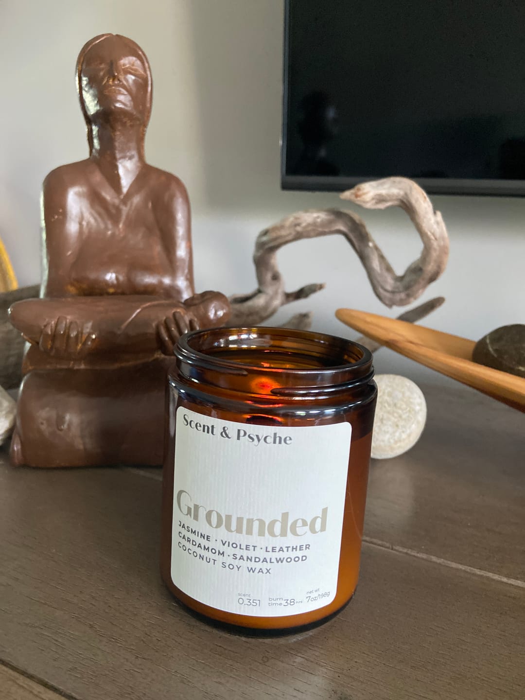 Customer photo review of Grounded Wood Wick Scented Candle  - 7oz Amber Jar