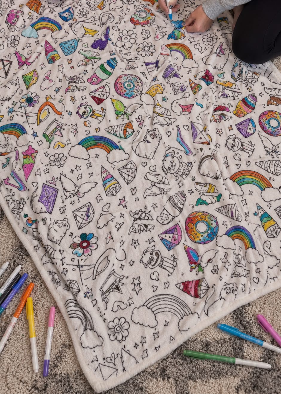Customer photo review of DIY Drawing Blanket with 24 Colors Markers, Doodle Your Own Blankets, Customizable Washable Paint & Play Blankets for Adults