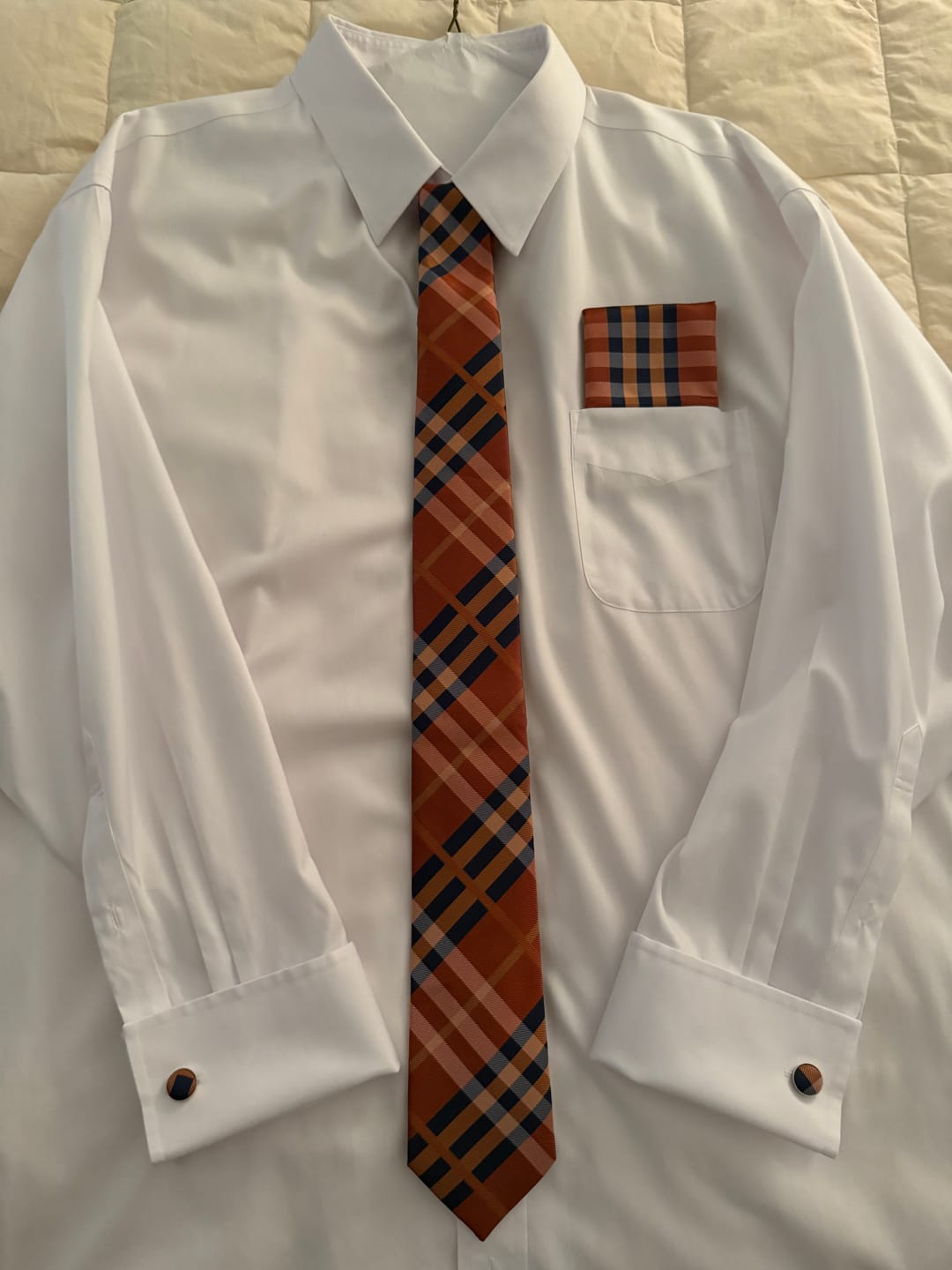 Customer photo review of Orange Blue Plaid Silk Men's Tie Hanky Cufflinks Set