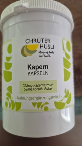 Customer's Kapern Extrakt Kapseln Dose mit weißem Deckel, gut lesbares Etikett mit Inhaltsangabe.