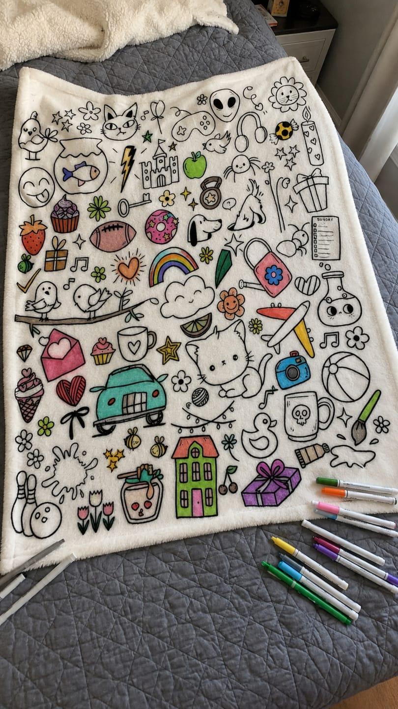 Customer photo review of DIY Drawing Blanket with 24 Colors Markers, Doodle Your Own Blankets, Customizable Washable Paint & Play Blankets for Adults