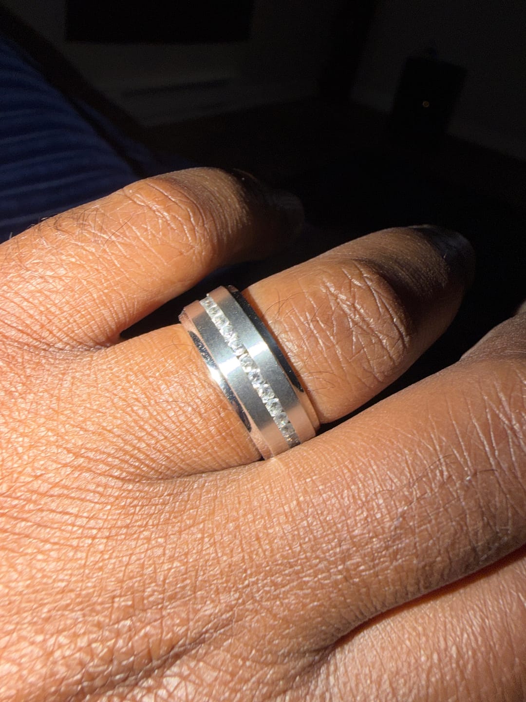 Customer photo review of Silver Titanium Ring Brushed Full Eternity White CZ Diamonds Stepped Edges 8mm