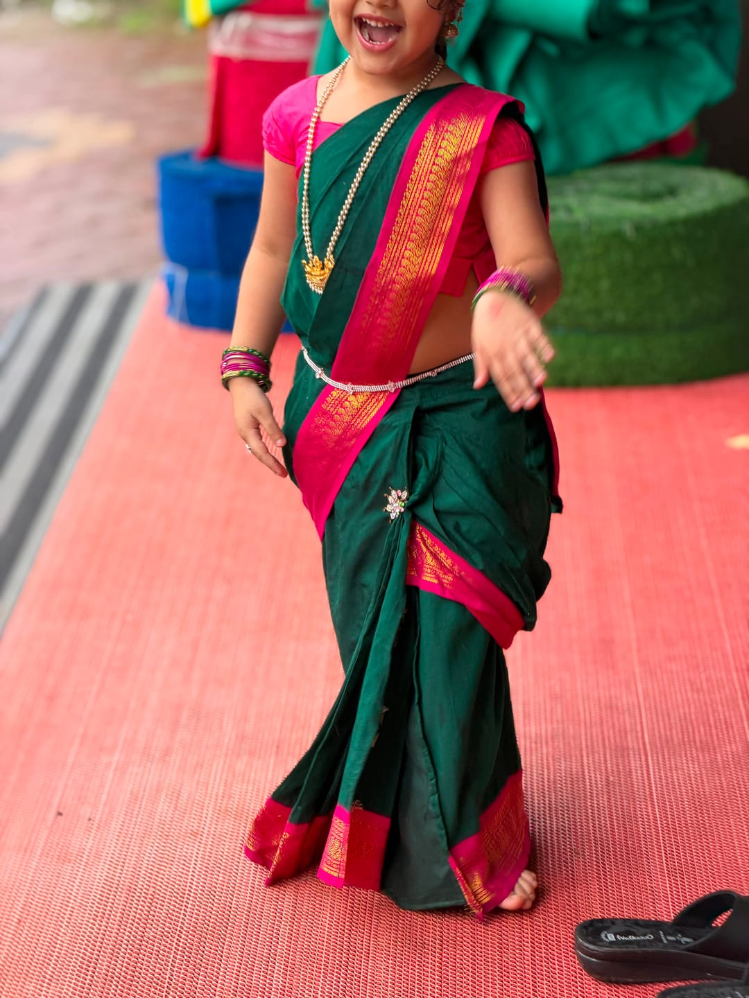 Customer photo review of Peacock green and pink - Ready to wear saree for kids Ethnic wear for baby girl
