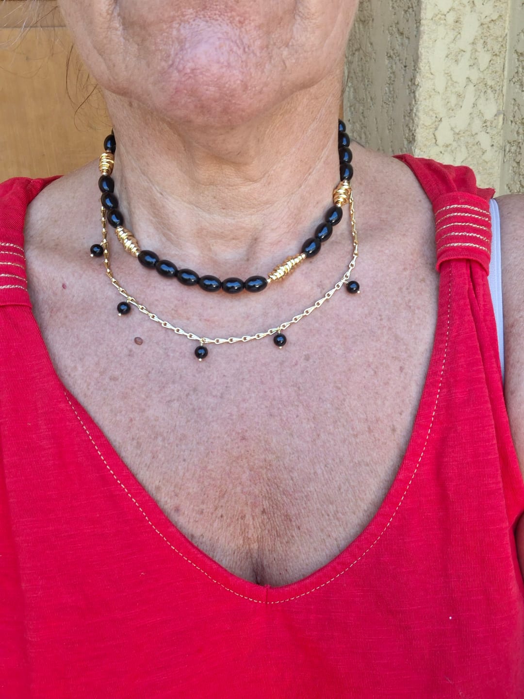 Customer photo review of Vintage-Inspired Black Agate Multi-Pendant Twisted Metal Necklace