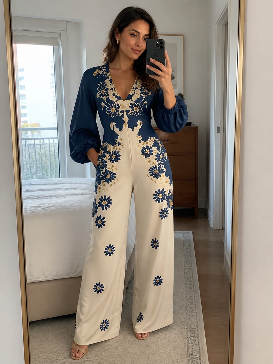 Customer photo review of Pockets Flower Print Elasticity Contrast Color Wide Leg Long Sleeves V-neck Jumpsuits
