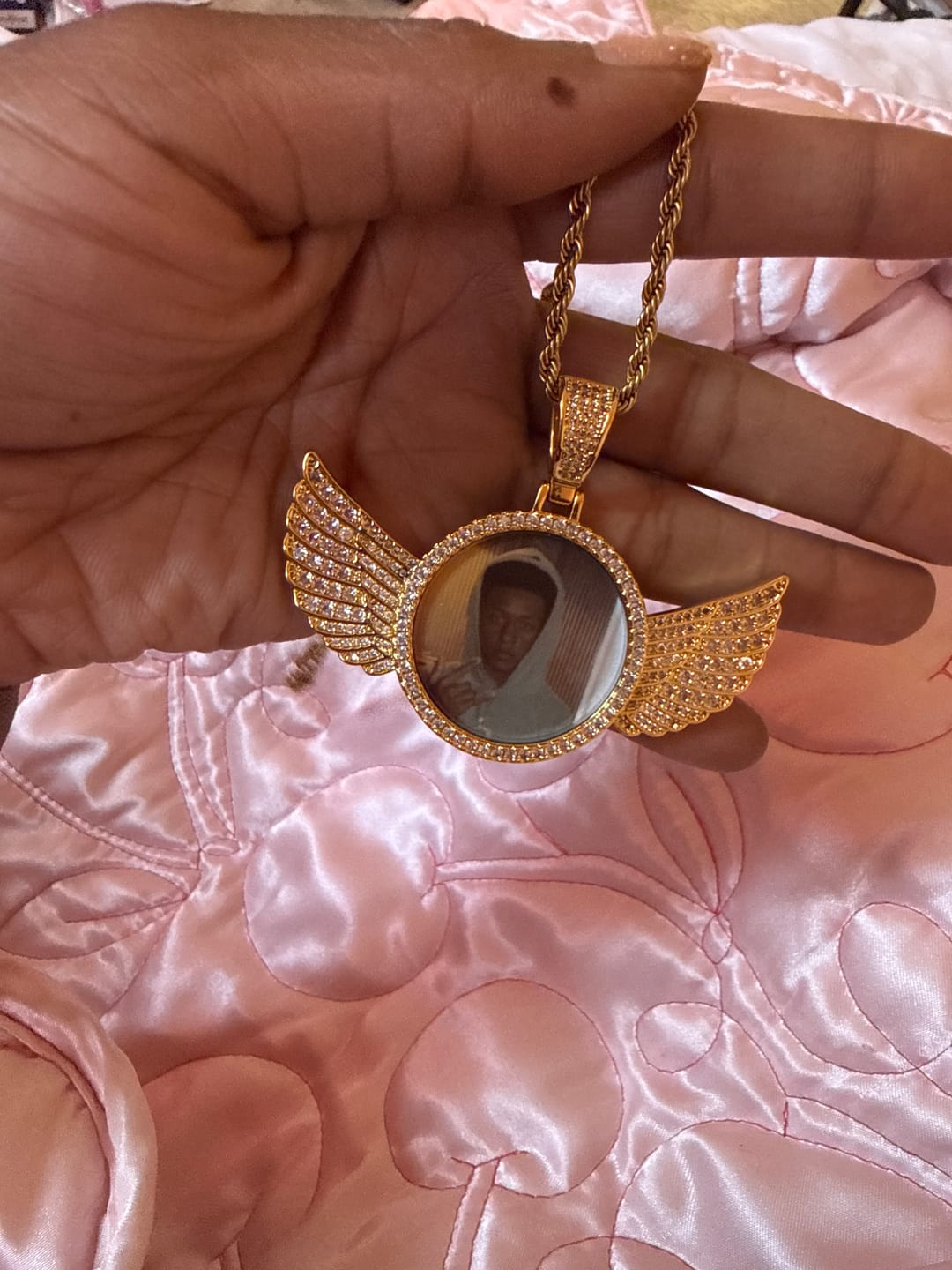 Customer photo review of Diamond Studded Angel Wing Photo Necklace