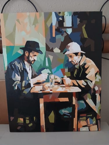 Customer's Card Players paint by numbers canvas featuring two people at a table, using a blocky, colorful style.