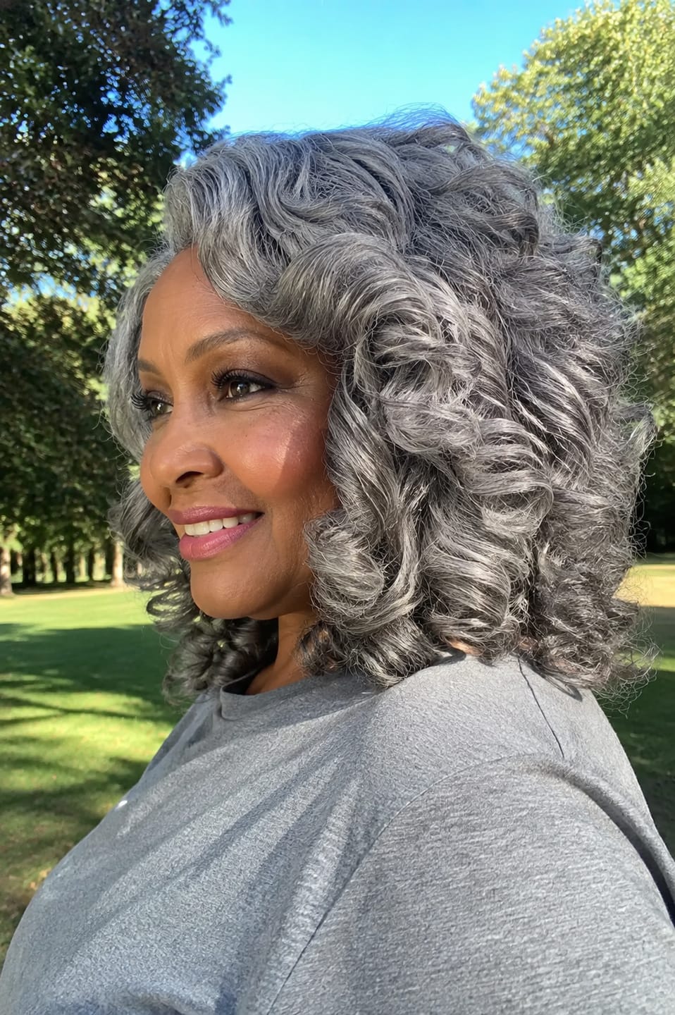 Customer photo review of Luvwin Salt & Pepper Kinky Wavy Curly Free Parting Glueless Gray Wig