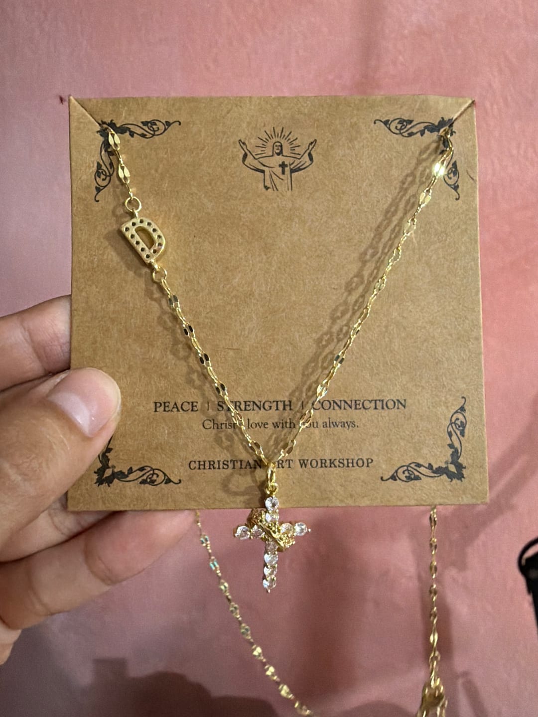Customer photo review of FREE Today: Golden & Silver-Tone Personalized A-Z Initial Crown Cross Necklace: Custom Sacred Faith Monogram Pendant Jewelry