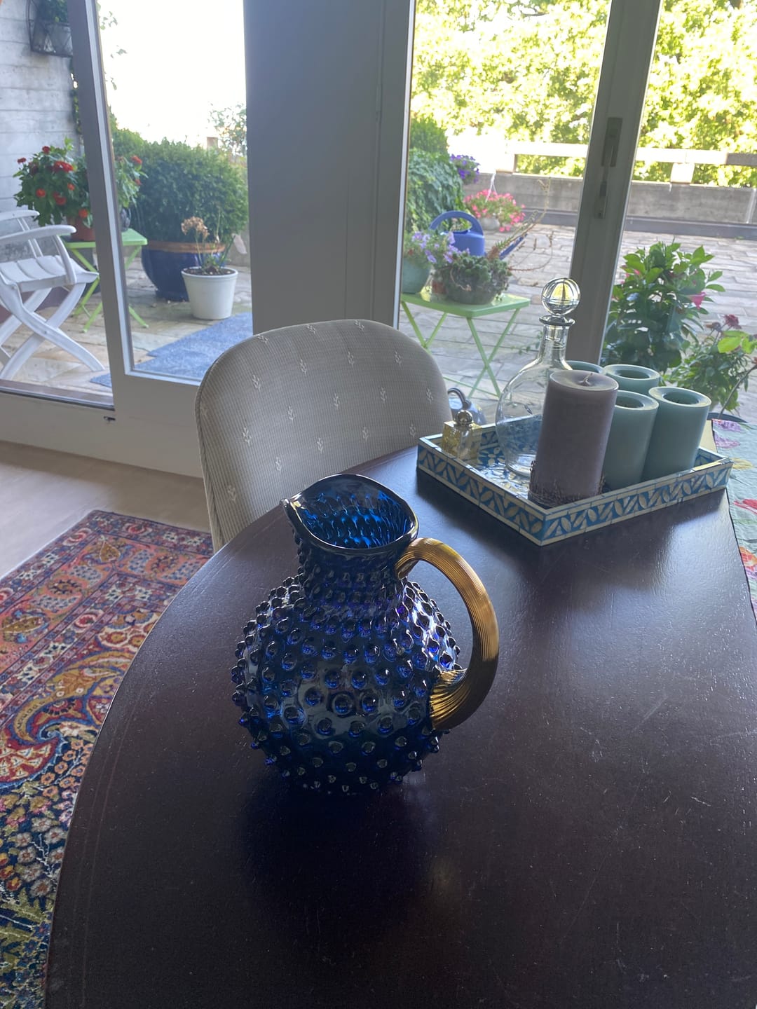 Customer photo review of Royal Blue Hobnail Jug with Shiny Gold Handle
