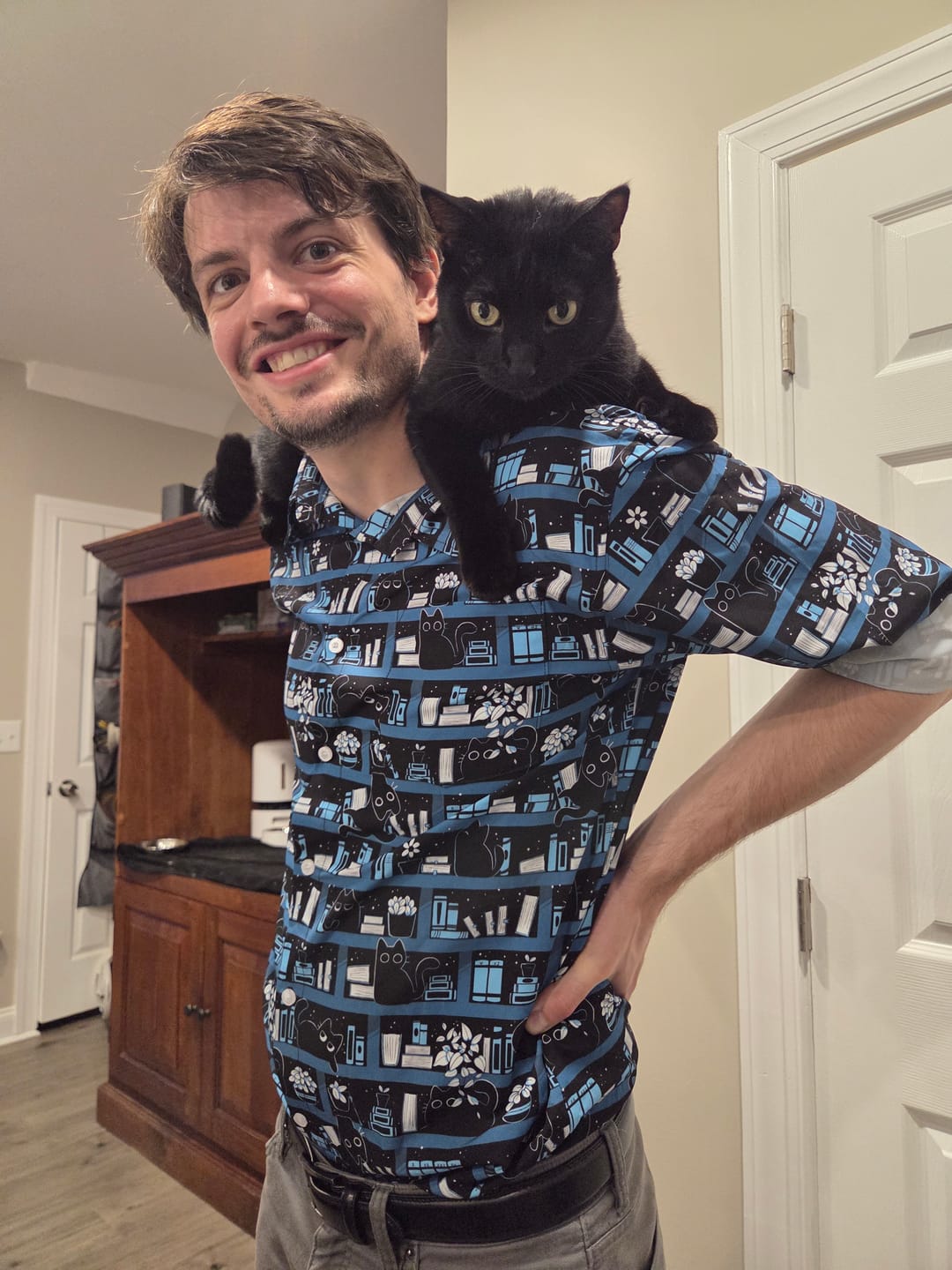 Customer photo review of Purrrfect Library Long Sleeve Button Up Shirt