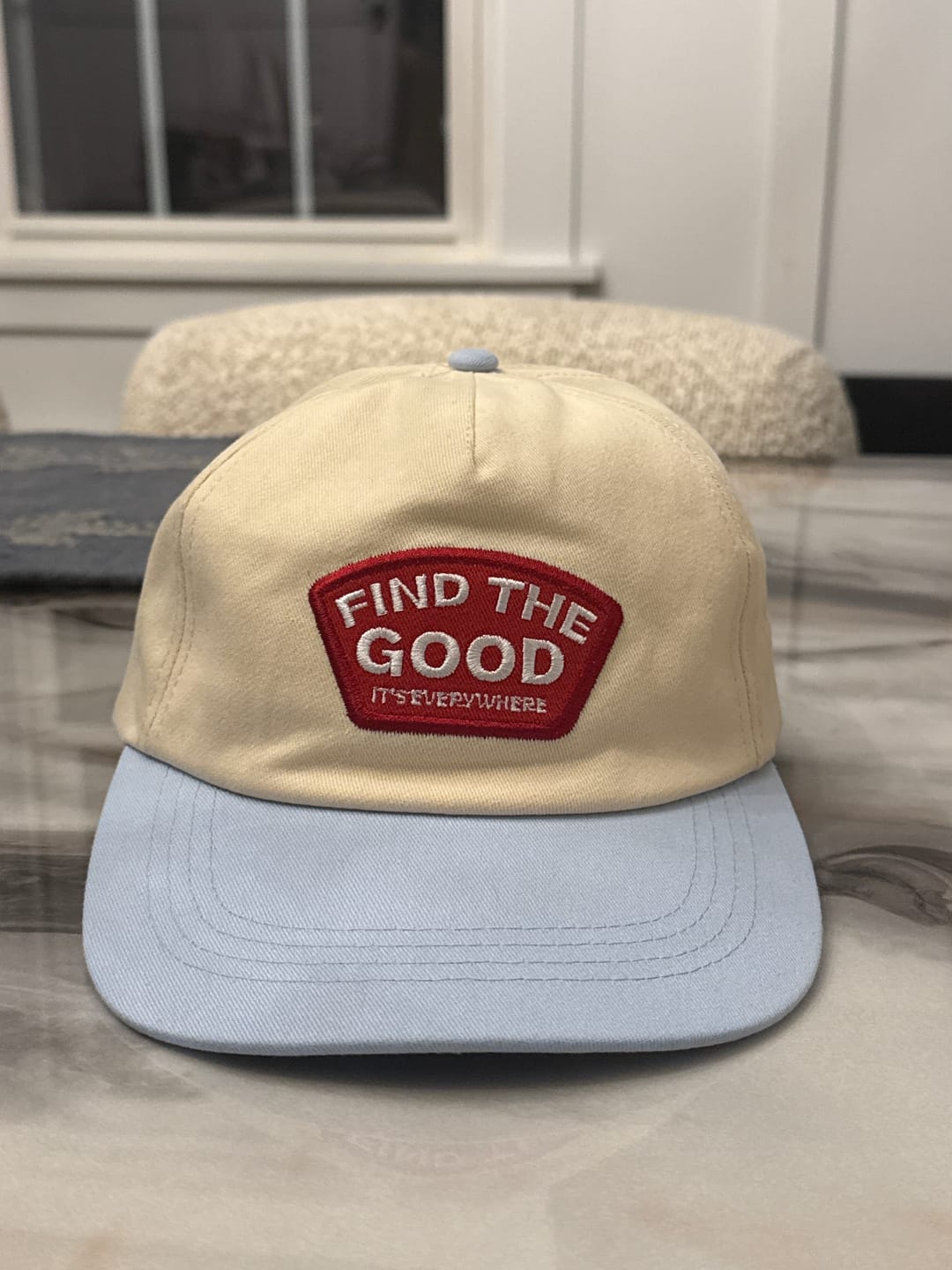Customer photo review of Vintage 5 Panel Patch Hat - Blue/Red