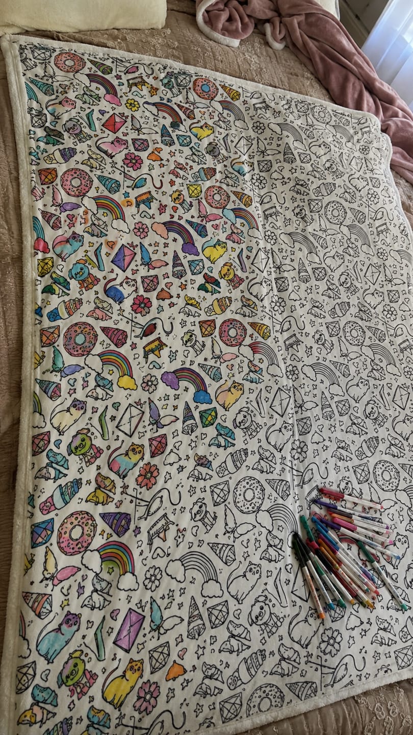 Customer photo review of DIY Drawing Blanket with 24 Colors Markers, Doodle Your Own Blankets, Customizable Washable Paint & Play Blankets for Adults