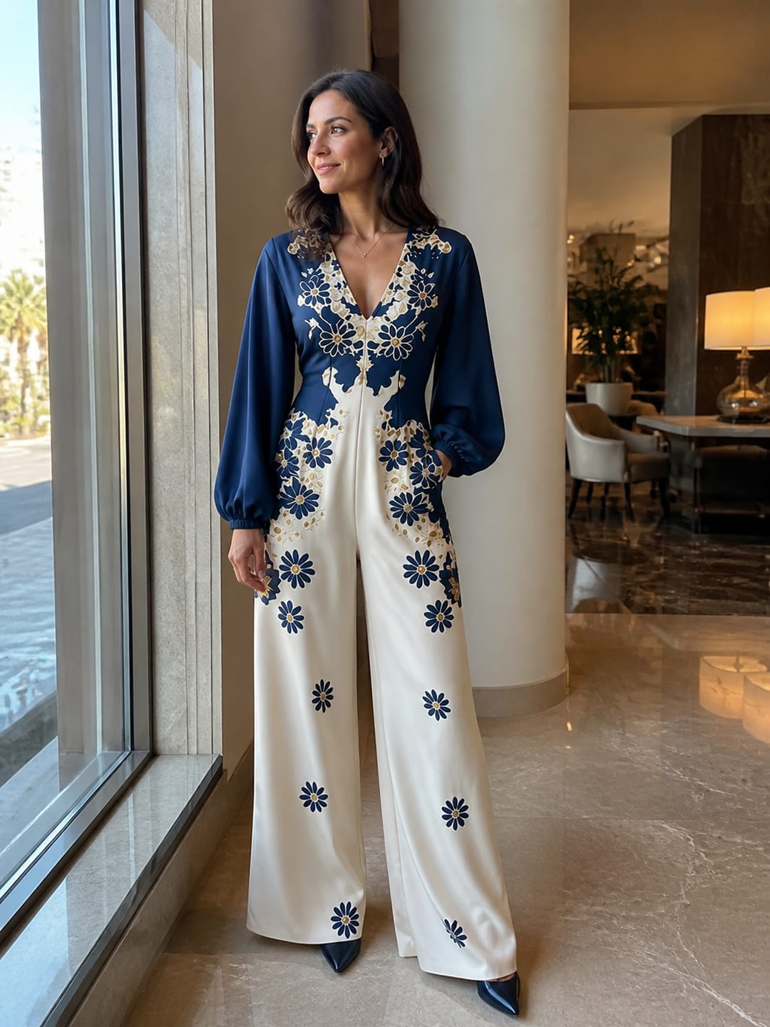 Customer photo review of Pockets Flower Print Elasticity Contrast Color Wide Leg Long Sleeves V-neck Jumpsuits