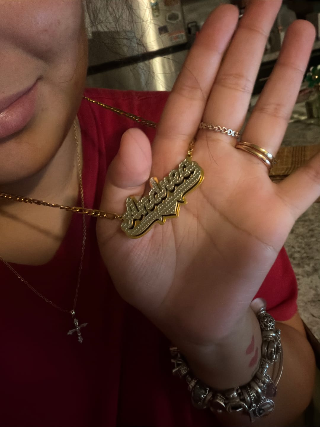 Customer photo review of Double Plated Pop Out Heart Name Necklace w/ Figaro Chain