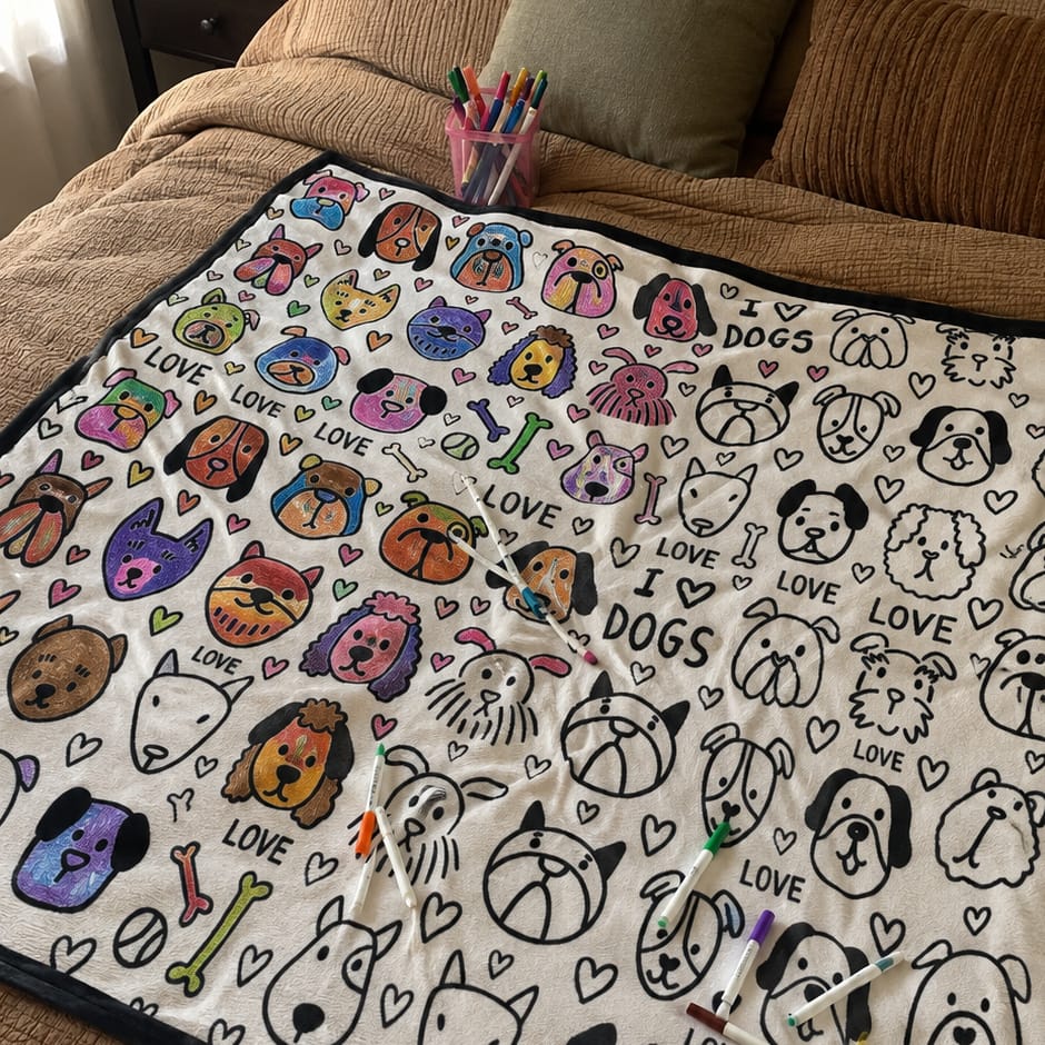 Customer photo review of DIY Drawing Blanket with 24 Colors Markers, Doodle Your Own Blankets, Customizable Washable Paint & Play Blankets for Adults