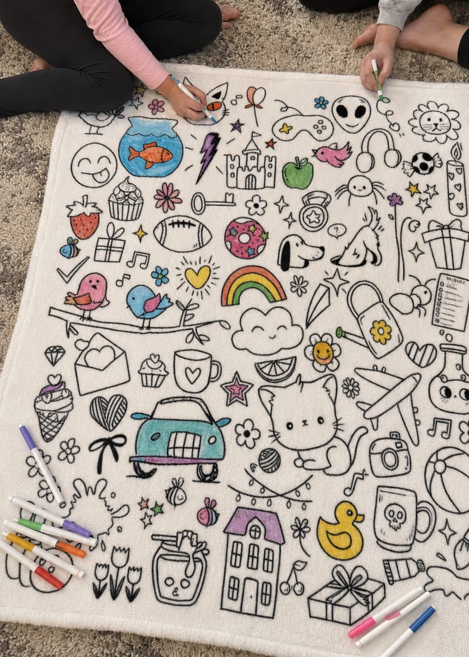Customer photo review of DIY Drawing Blanket with 24 Colors Markers, Doodle Your Own Blankets, Customizable Washable Paint & Play Blankets for Adults