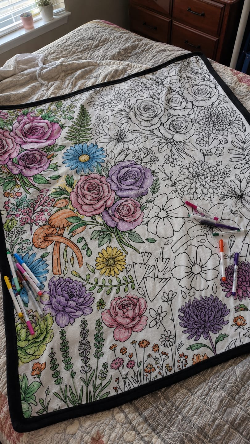 Customer photo review of DIY Drawing Blanket with 24 Colors Markers, Doodle Your Own Blankets, Customizable Washable Paint & Play Blankets for Adults