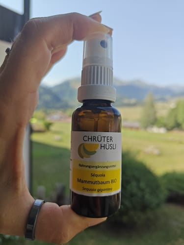 Reviewer's hand holding the brown Glycerinmazerat Mammutbaum spray bottle against a blurred outdoor landscape.