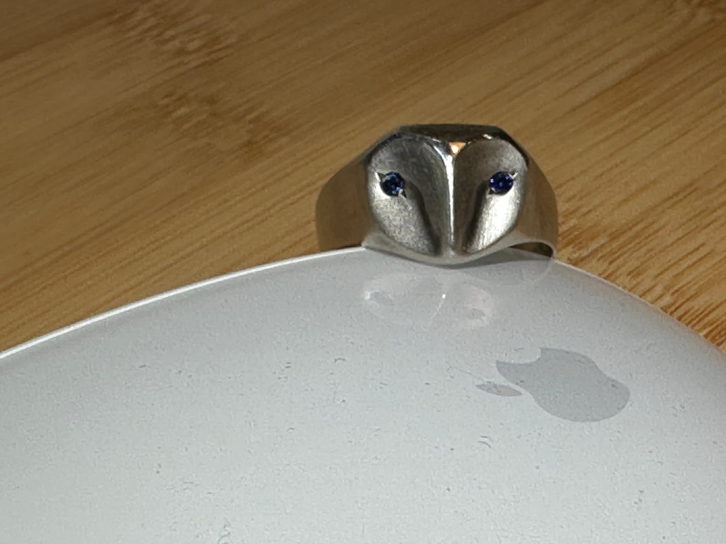 Customer photo review of Owl Ring with Sapphire Eyes