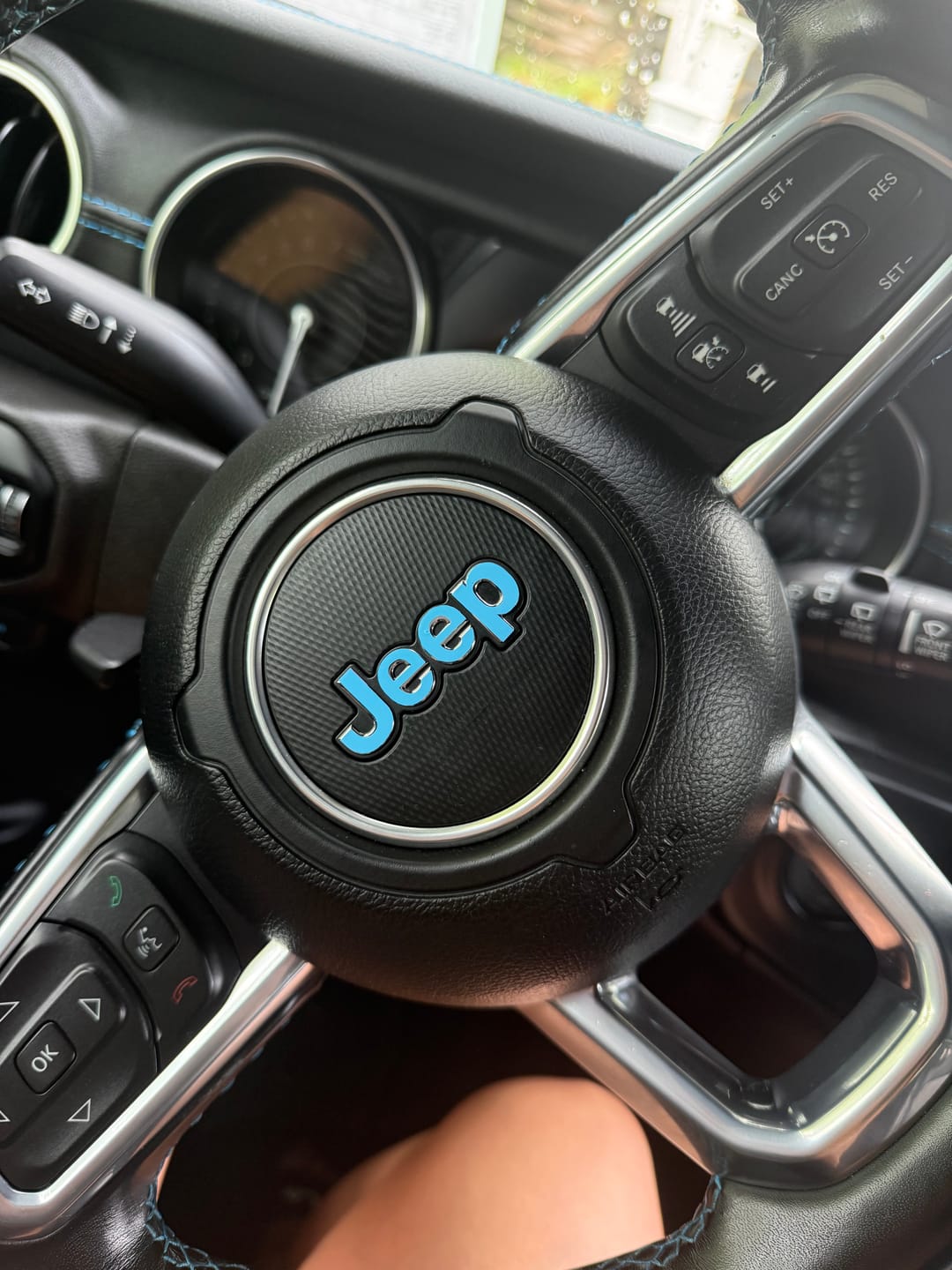 Customer photo review of JEEP Steering Wheel Emblem Overlay Decal — 30+ Colors & Designs (Flag, Topo, Animal, Solid)